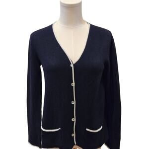 Hubert Gasser Italy Navy Blue Silver Metallic Trim Button Cardigan Cotton Small